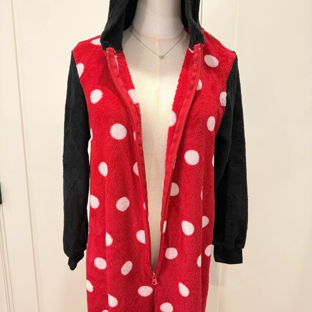Disney Minnie Mouse Women’s Onesie Pajamas Medium Jumpsuit Red Polka Dot Costume - Picture 8 of 11
